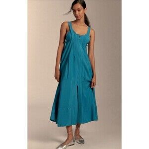 Anthropologie Pilcro Midi Dress Women Blue Parasail Zip Front Flowy Sz M NWT